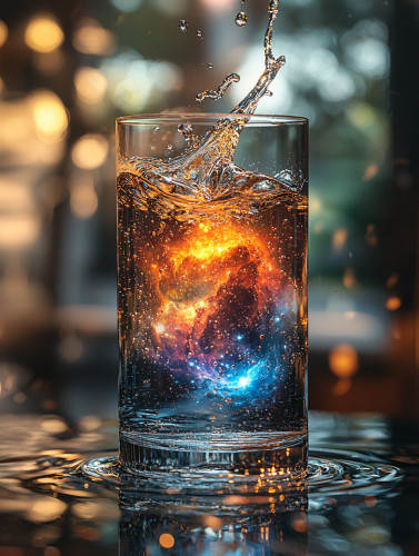 Pouring colorful galaxy into glass of water