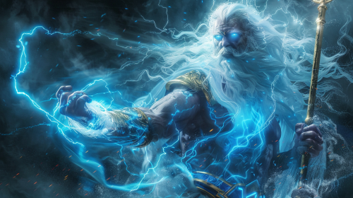 Powerful Sea God with trident, glowing eyes, white hair.
