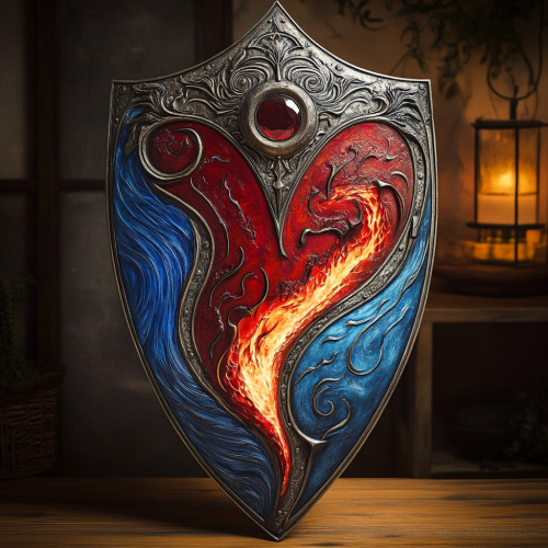 Powerful shield with water and fire designs for warrior
