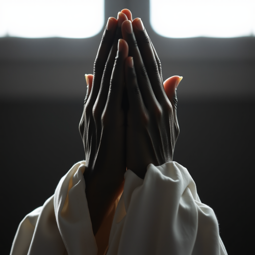 Praying hands reaching up to the sky.