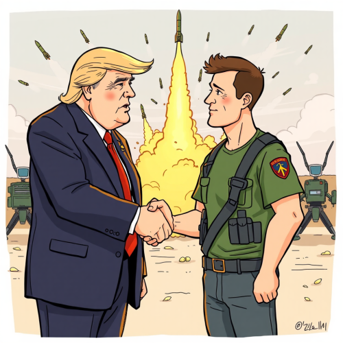 President Trump and Zelenskyy handshake with launching missiles.