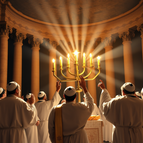 Priests Rededicating Temple with Lit Menorah Post-Rebellion
