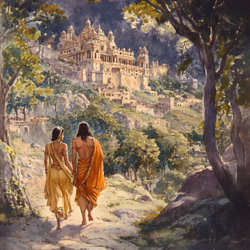 Prince Ram and Sita walking in royal palace.