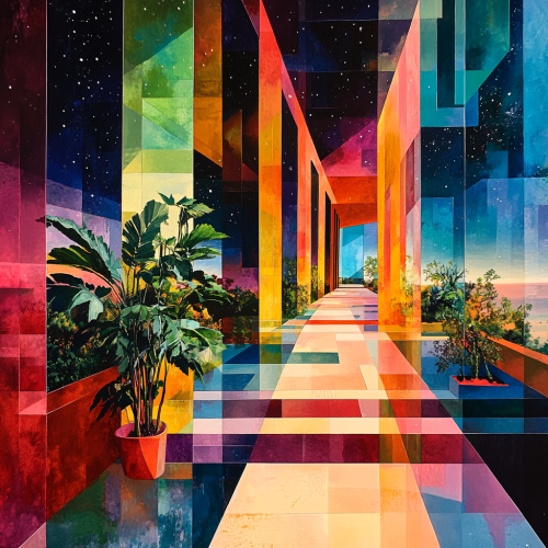 Prismatic landscape with geometric shapes in vibrant hues.
