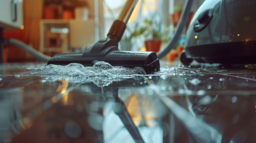 Professional cleaner using wet vacuum on clean tiled floor