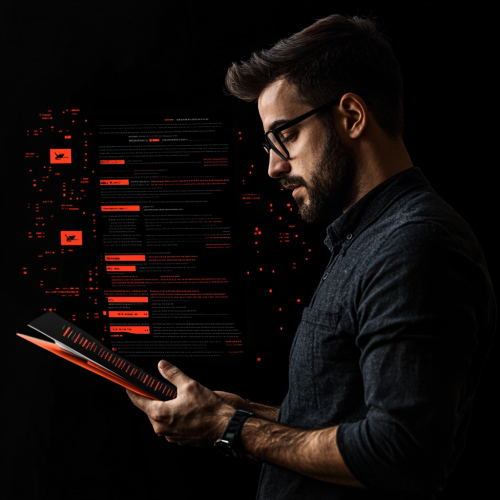 Professional confidently presents resume with highlighted action verbs