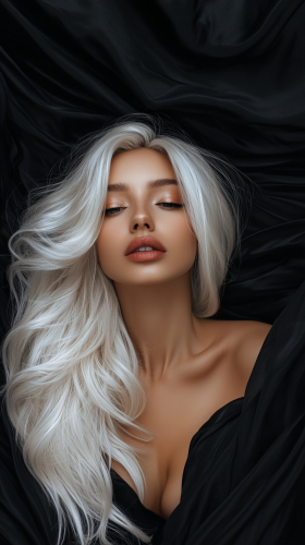 Professional model with big fake lips in dark background