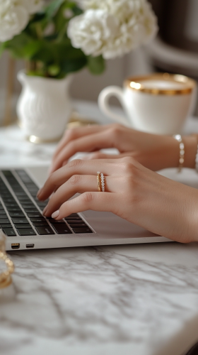 Professional woman typing on laptop at marble desk