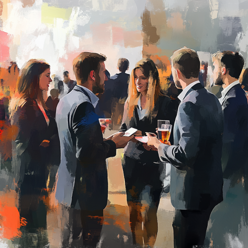 Professionals at networking event, exchanging business cards