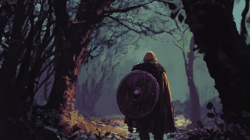 Protective knight guards frightened girl in eerie forest