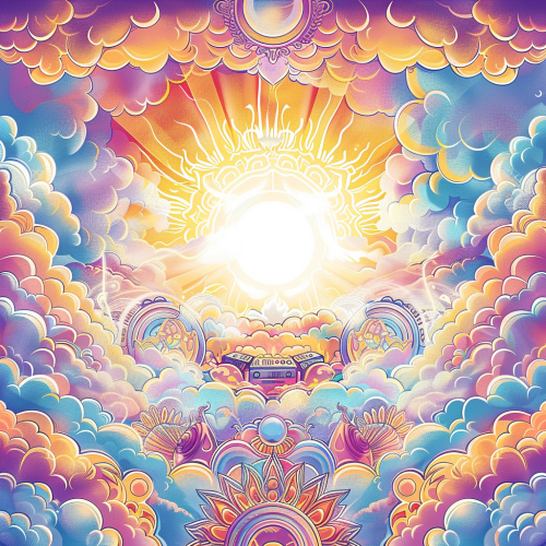 Psytrance festival flyer with DJ equipment in sunny sky. Psytrance festival flyer with DJ equipment in sunny sky.