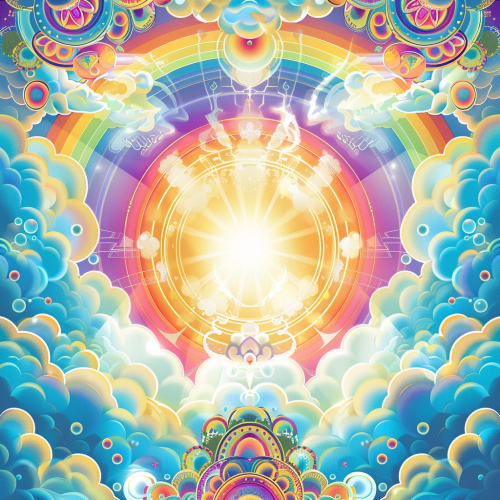 Psytrance festival flyer with sky background, DJ equipment in clouds.