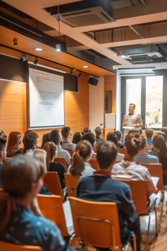 Public speaking training in formal setting with confident participant.