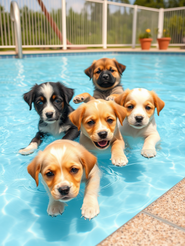 Puppies having fun in the pool.