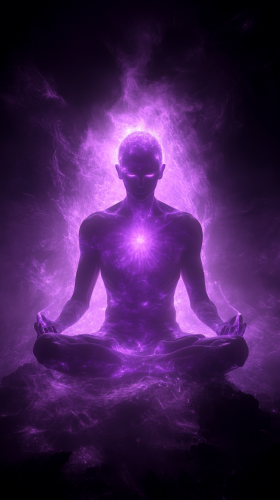 Purple Figure Meditating in Cosmic Energy Halo.