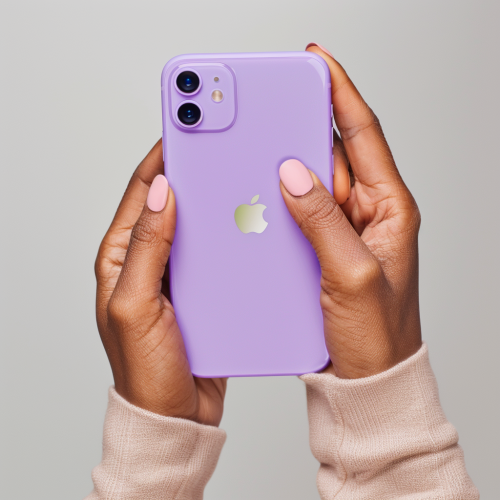 Purple iPhone held by hands in texting position
