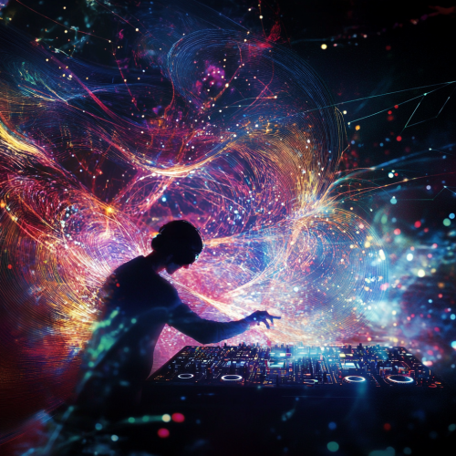 Quantum party with dance moves, DJ magic, crowd reaction.