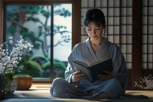 Quiet Japanese woman reading book in cozy home