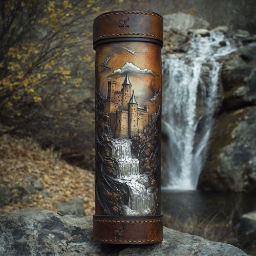 Quiver with castle over waterfall in silver foil.