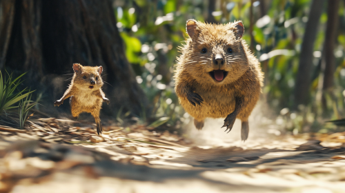 Quokka mother runs towards camera, leaves baby behind. Baby faces fox, fox approaches to eat. Sunny tropical atmosphere.