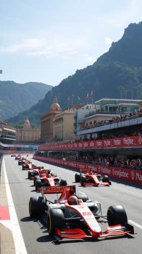 Race cars speeding on track at Monaco Grand Prix.