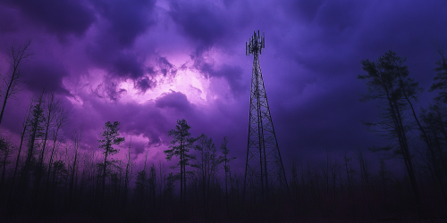 Radio tower over dark forest in thunderstorm