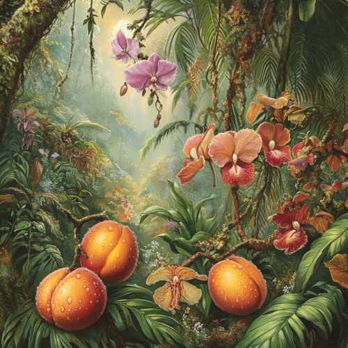 Rainforest scene of vibrant fruits, flowers, and foliage