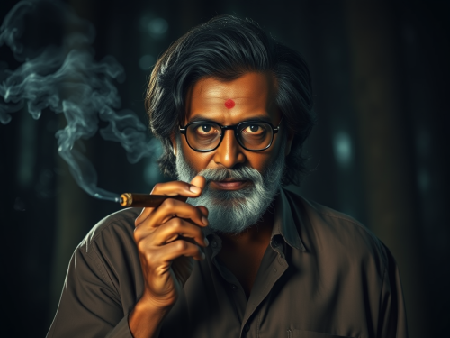 Rajnikanth Smoking a Cigar in a Dark Forest