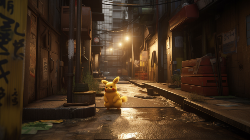 Realistic Pikachu in Japanese Alleyway Photo: Fluffy Fur Texture