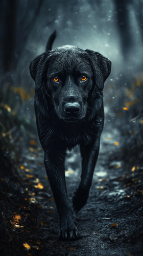Realistic dog with dark powers, deep black fur, red eyes.