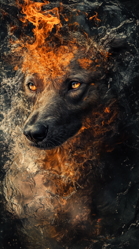 Realistic dog with powers of elements, dynamic fusion body.