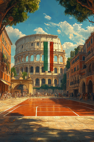 Realistic half-court basketball scene with Italian flag backdrop.