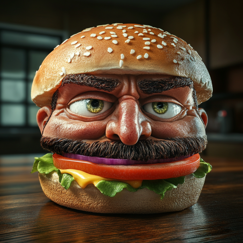 Realistic human face on hamburger in natural environment.