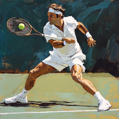 Realistic image of tennis player near baseline, ready to move.