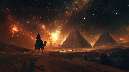 Realistic photo of desert night sky with pyramids.