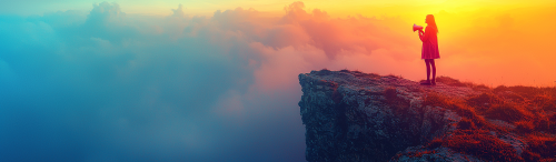 Realistic photo of person on cliff with megaphone.