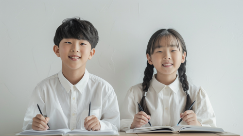 Realistic photograph of Korean middle school students studying English