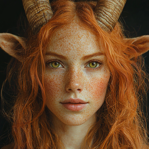 Realistic portrait of female with ginger hair, goat features.