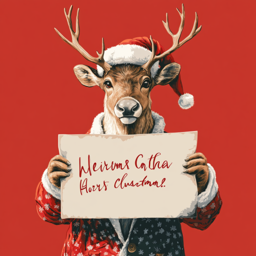 Realistic reindeer in holiday outfit holding festive message sign.