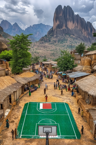 Realistic scene of Nigerian basketball court with cultural elements.
