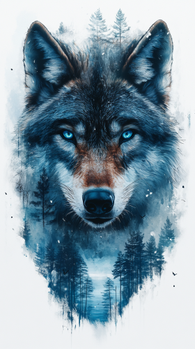 Realistic tattoo design by Rember Orellana: fierce wolf, blue eyes.