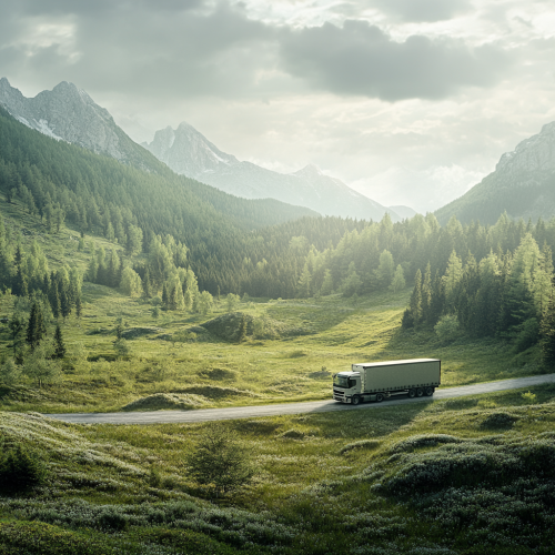 Realistic truck driving through green forest mountains