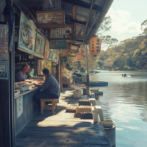 Realistic wide-angle photo of Australian river fishermen, sushi master.