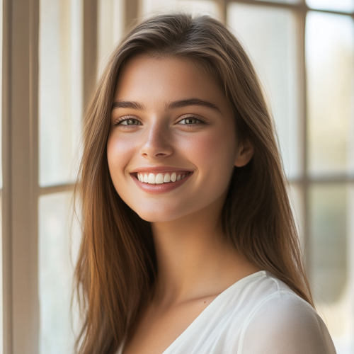 Realistic young woman in bright room smiling naturally.