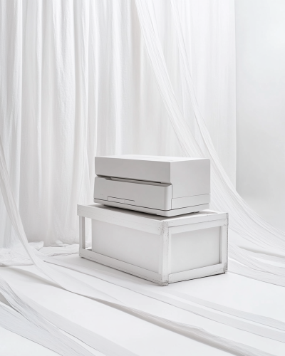 Receipt printer on crate in minimalist white room