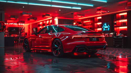 Red Audi RS9 in Stylish Garage Lighting