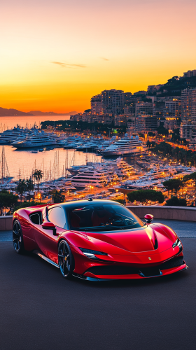 Red Ferrari speeding in Monaco with yachts at harbor.