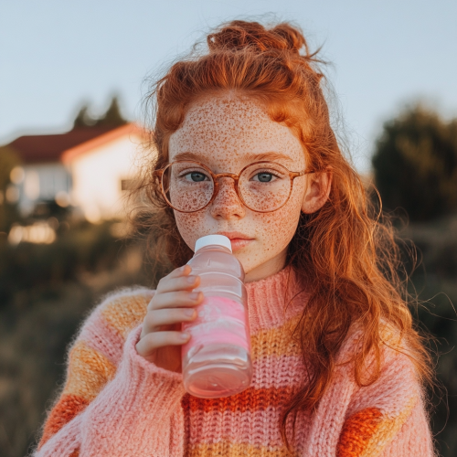 Red-Haired Girl with Freckles and Glasses Holds Waterbottle
