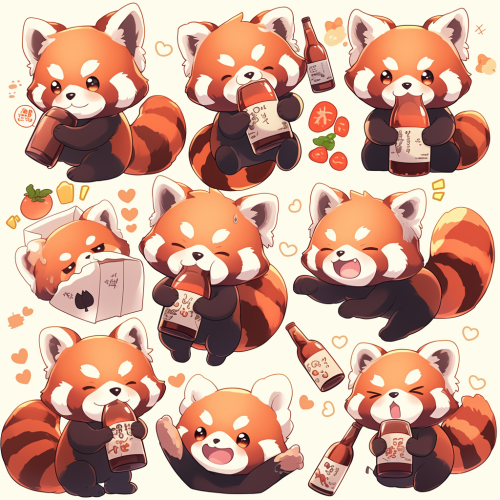 Red Panda Line Stamps Popart Chibi Drinking Poses