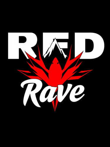 Red Rave's modern monochromatic logo with main red color.
